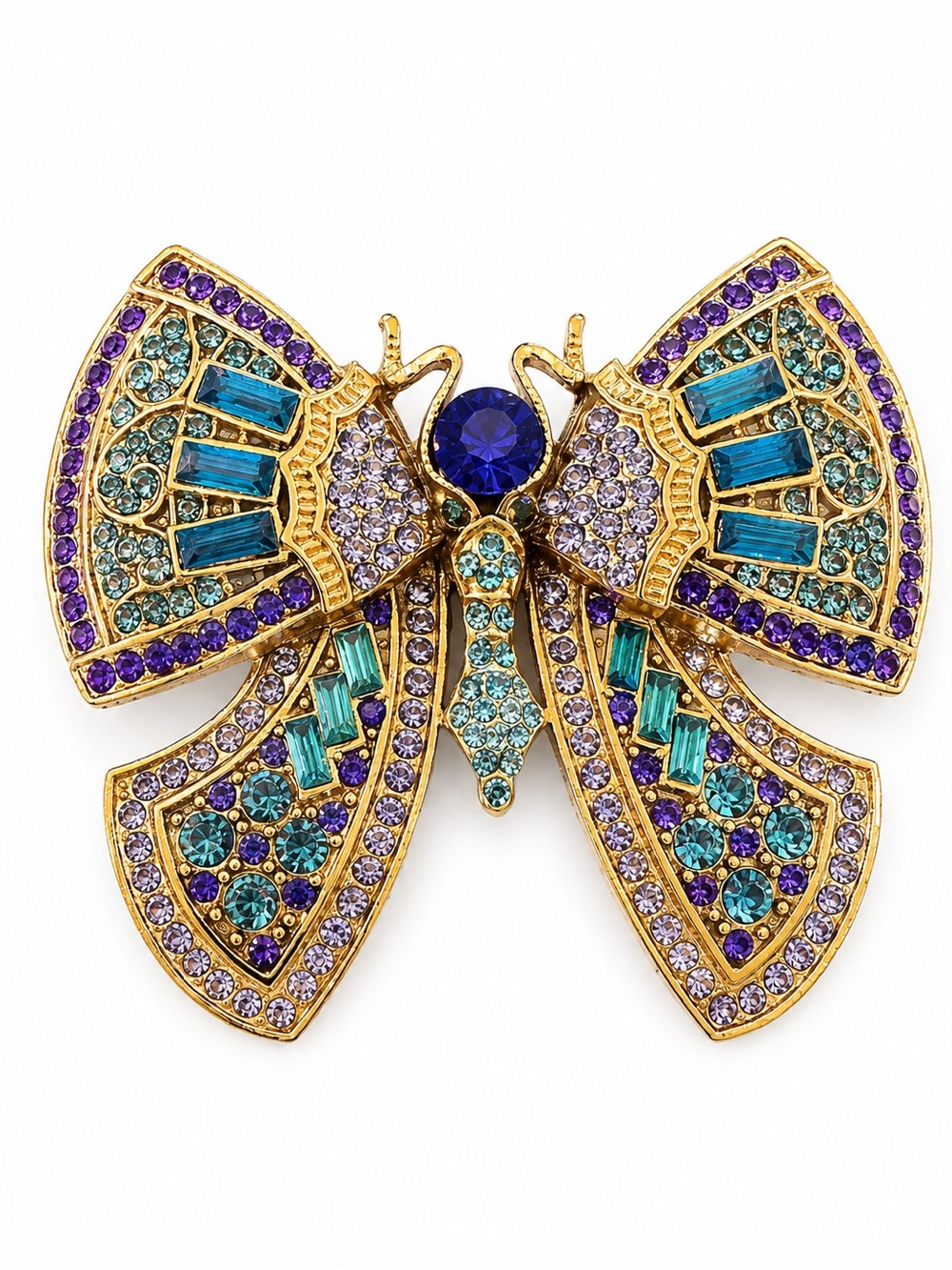 Large Blue & Teal‎ Crystal Butterfly Brooch – Gold Tone Statement Pin